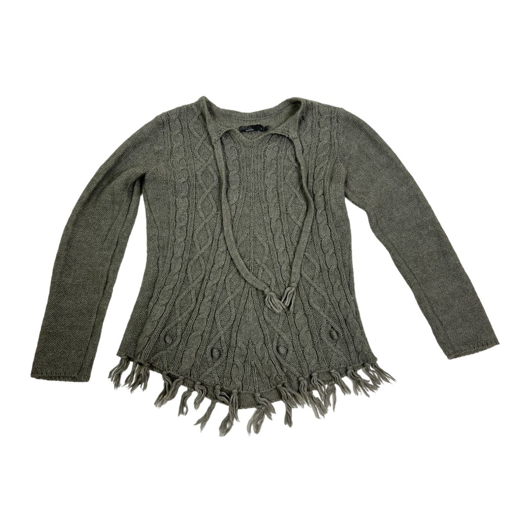 Prana Sweater Womens Small Grey Bobble Fringe Tie Neck Soft